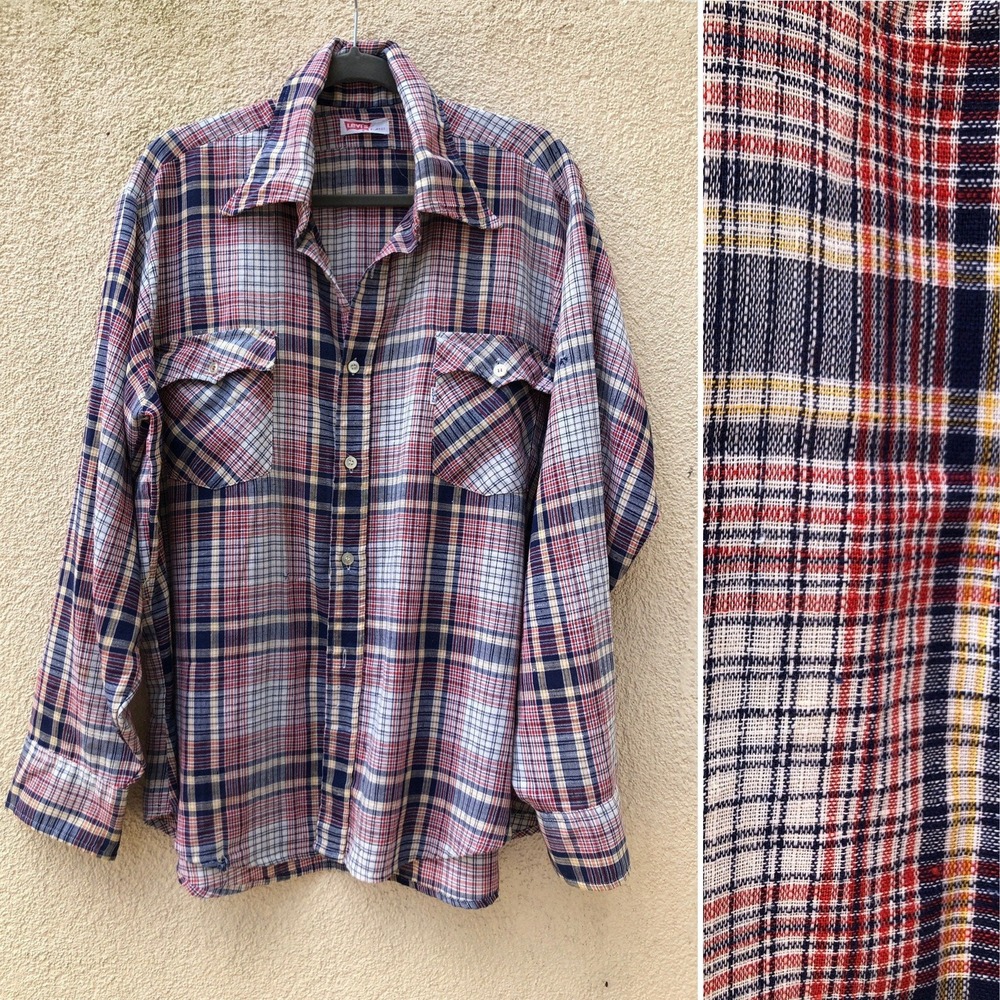 Vintage Levis Men Shirt Large Red Blue Yellow White Plaid Long Sleeves, X Large